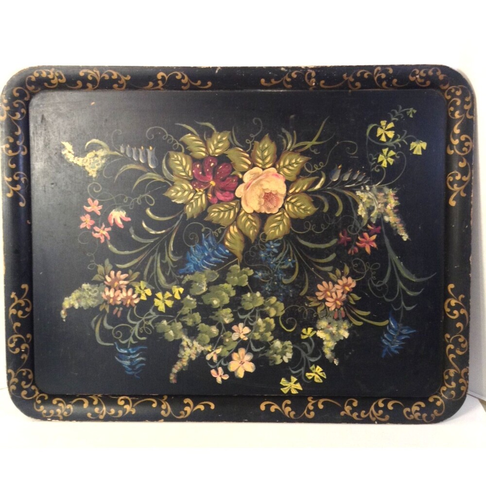 Vtg Toleware Tole Serving Tray Floral Lrg Hand Painted Wood Country French 26x20